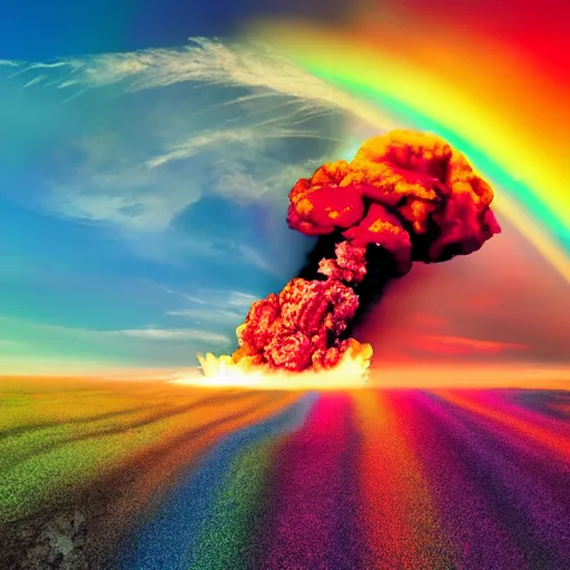 Prompt: nuclear explosion of many different colors, rainbow explosion, 4k detailed