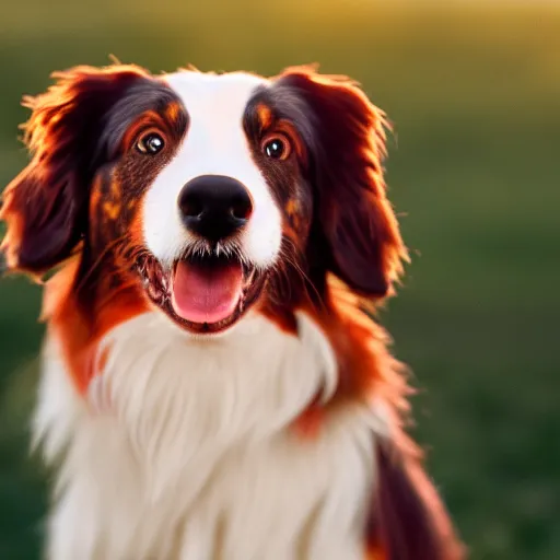 Image similar to red tri australian shepard. golden hour light photograph, hi gloss perfect lighting, 4 k, octane render, 5 0 mp cannon 8 0 mm.