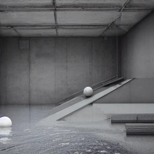 Prompt: dingy abandoned concrete room, triangular room, gray, museum, concrete staircase leading down, staircase flooded with water to create a moon pool, Photograph.