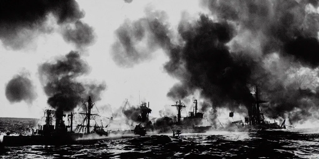 Prompt: steampunk battleship engulfed in flames and sinking with water crashing on deck, clouds of smoke, bird's eye view, cinematic full shot, high res, 35mm film black and white photograph