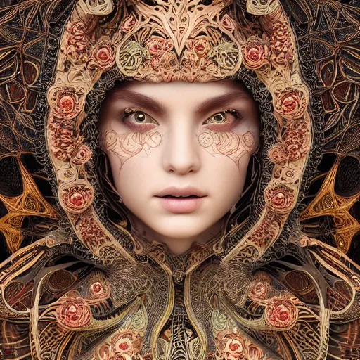 Image similar to wonderful princess of fractals and patterns, beautiful face, hyper detailed, background intricate and detailed, ornate 8 k gorgeous intricate detailed, octane render