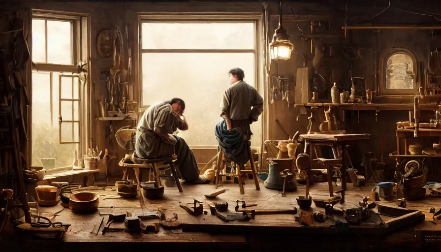 Prompt: highly detailed oil painting | very intricate | cinematic lighting | award - winning | craftsman | building a piece of furniture in their well organized clean workshop | beautiful cinematic light, american romanticism, by huang guangjian, gil elvgren, ruan jia, randy vargas, greg rutkowski, artstation, cgsociety, official art, octane