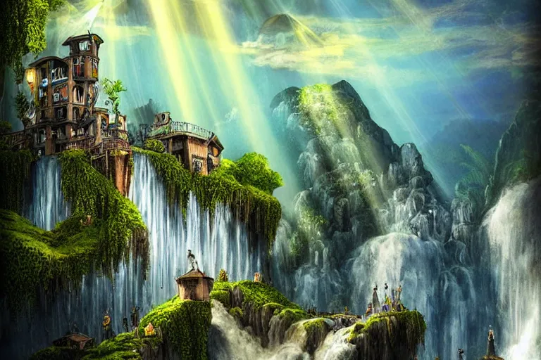 Image similar to gothic waterfall favela honeybee hive, art nouveau environment, crepuscular rays, industrial factory, award winning art, epic dreamlike fantasy landscape, ultra realistic,