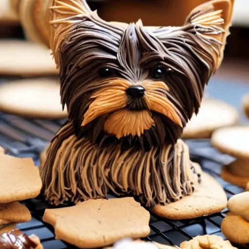 Image similar to a cute yorkshire terrier made entirely out of cookies, sitting on a bakery countertop, detailed, trending on artstation