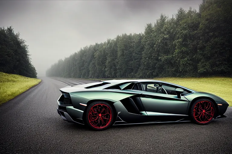 Image similar to a landscape photograph of a lamborghini aventador driving through a vast serene landscape on a rainy day, river, trees, beautiful lighting, by lee madgwick