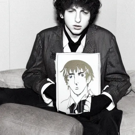 Image similar to young bob dylan holding an anime dakimakura, music cover art.