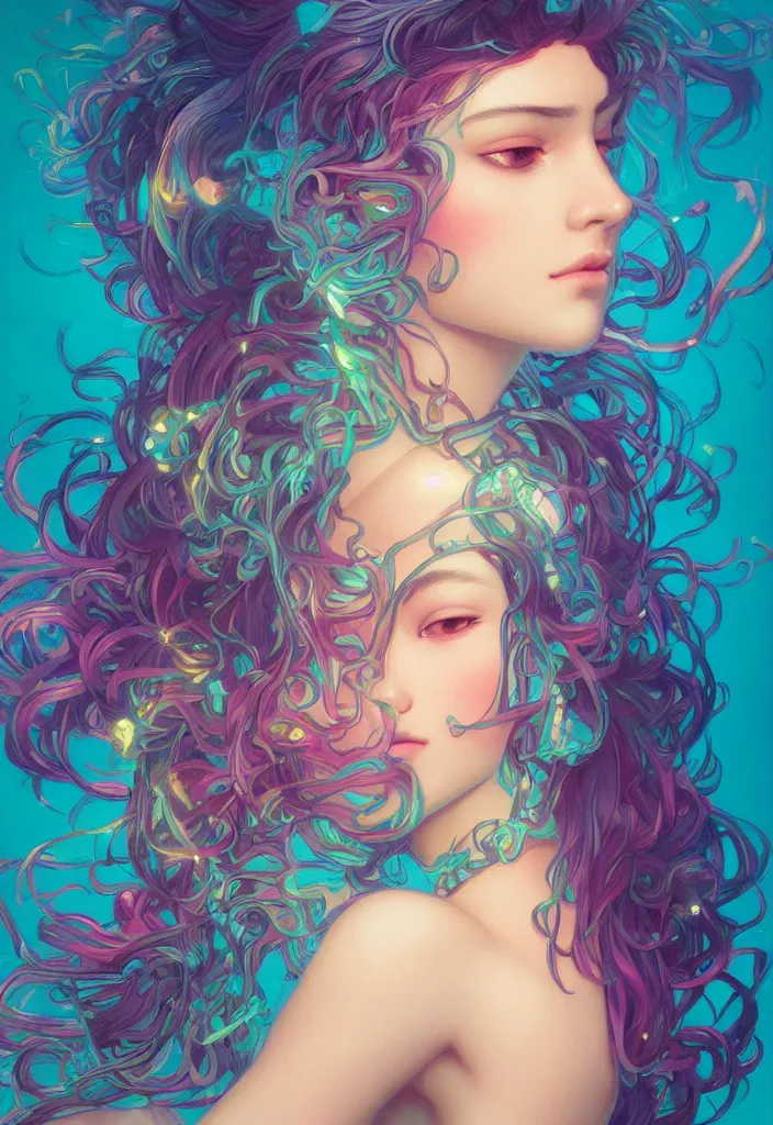 Image similar to beautiful, young woman, detailed gorgeous face, vaporwave aesthetic, synthwave, colorful, psychedelic, artstation, concept art, smooth, extremely sharp detail, finely tuned detail, ultra high definition, 8 k, unreal engine 5, ultra sharp focus, illustration, art by artgerm and greg rutkowski and alphonse mucha