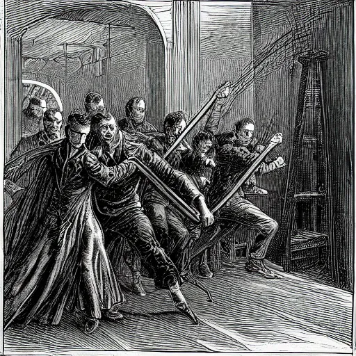 Prompt: A scene from the Matrix as drawn by Gustave Doré with Neo fighting a thousand agents Smith