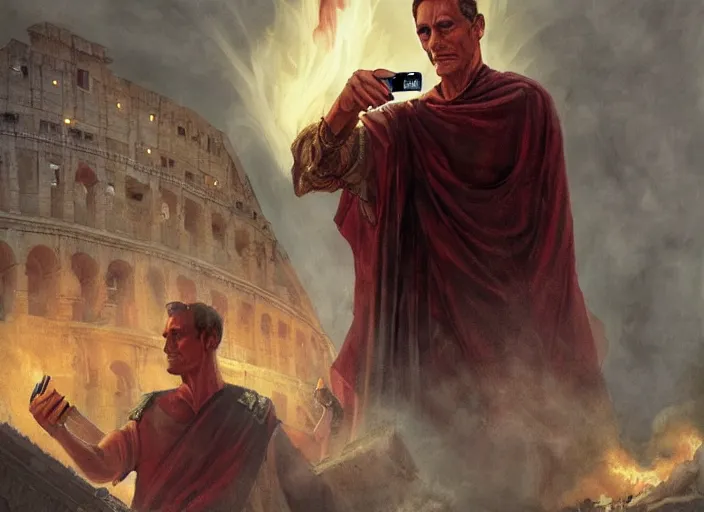 Prompt: julius caesar taking a selfie with an iphone as rome burns behind him by charlie bowater and john howe