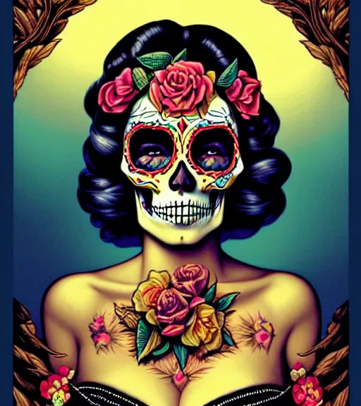 Image similar to a beautiful fancy skull lady by dan mumford and gil elvgren, folklorico, tarot, sugar skull, hyperrealism, intricate details