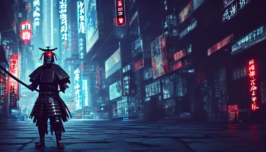 Prompt: a man in samurai armor in night city, samurai mask, cyberpunk horror style, cyberpunk, cyberpunk futuristic neo, detailed and intricate environment, octane render, unreal engine, 4 k, by makoto sinkai