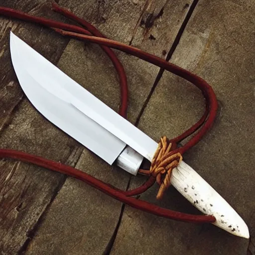 Prompt: “primitive bone dagger with leather cord wrapped around the handle, blade made out of bone”