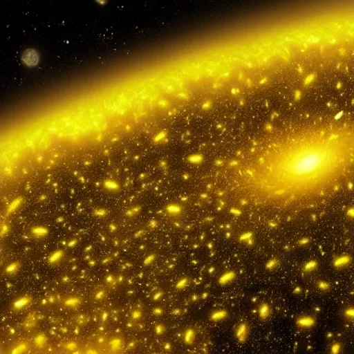 Image similar to hyperrealistic. A yellow black hole with radiant tentacles violently devouring the universe.