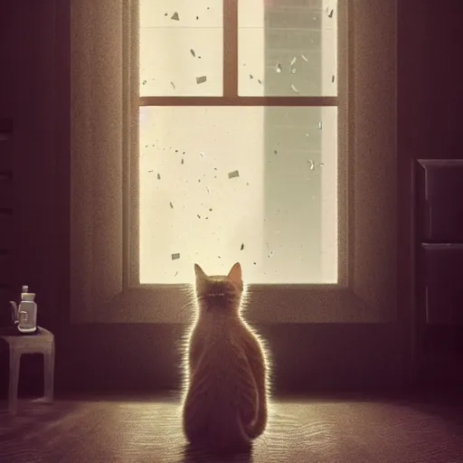 Image similar to Big european shorthair cat and small fluffy kitten from the back in the apartment room looking to window in a cyberpunk city, soft god rays from city lights outside the window, unreal engine 5, soft neon atmosphere, photorealistic, soothing colors, somber melancholic matte painting, hyperrealism, hyperrealistic, cinematic masterpiece, cyberpunk style 8k ultrahd octane render