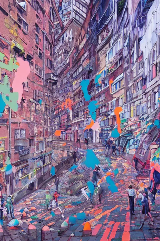 Image similar to people walking in a city covered with graffiti paint dripping down to the floor from the sky, professional illustration by james jean, painterly, yoshitaka Amano, hiroshi yoshida, moebius, loish, painterly, and artgerm, illustration