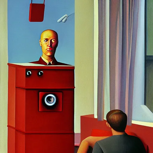 Prompt: in soviet russia, tv watches you!, grant wood, pj crook, edward hopper, oil on canvas