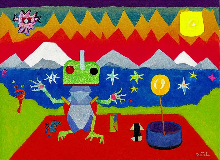 Image similar to pixel decollage painting tarot fool card composition trash can toter with red maggot bear and wonky alien frog knight on a horse in a dark red cloudy night sky with golden foil jewish stars and diamonds, mountain lake and blossoming field in background, painted by Mark Rothko, Helen Frankenthaler, Danny Fox and Hilma af Klint, pixelated, neo expressionism, semi naive, pastel colors, cinematic, color field painting, cave painting, voxel, pop art look, outsider art, minimalistic. Bill Traylor painting, part by Philip Guston, Amano and Francis Bacon. art by Adrian Ghenie, very coherent symmetrical artwork, cinematic, hyper realism, high detail, octane render, unreal engine, Smooth gradients, depth of field, full body character drawing, extremely detailed, 8k, extreme detail, intricate detail, masterpiece