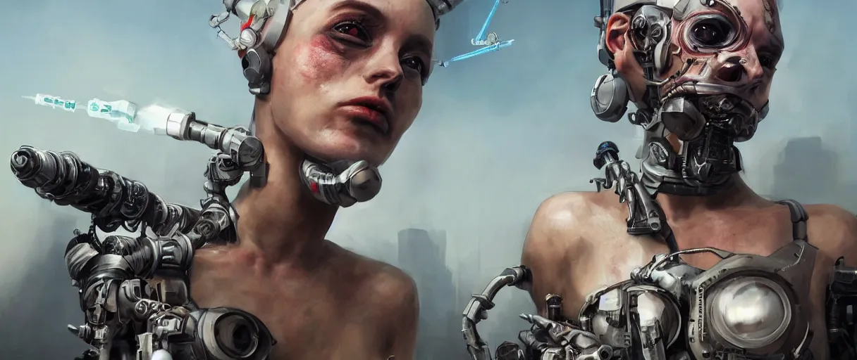 Image similar to tank girl, highly detailed, half human, half cyborg, power implants, full body transmogrify, low camera angle, point of view looking up from below, beautiful, mesmerising, look of desire, loving stare, battle action shot, digital painting, trending on artstation, concept art, 4 k, sharp focus, illustration, art by greg rutkowski