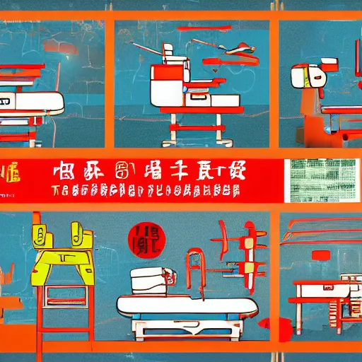 Image similar to chinese surgery operating table, in the style of daniel johnston and simon stålenhag and outsider art, 8k, line brush, overlaid with chinese adverts