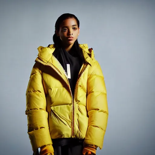 Prompt: realistic photoshooting for a new nike lookbook color film photography close up portrait of a beautiful woman model, model wears a puffer jacket, photo in style of tyler mitchell, ssense