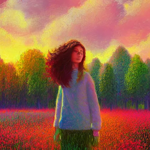 Prompt: girl of flowers, standing in a flower field, big trees, sunrise dramatic light, impressionist painting, colorful clouds, digital painting, pointillism, artstation, simon stalenhag