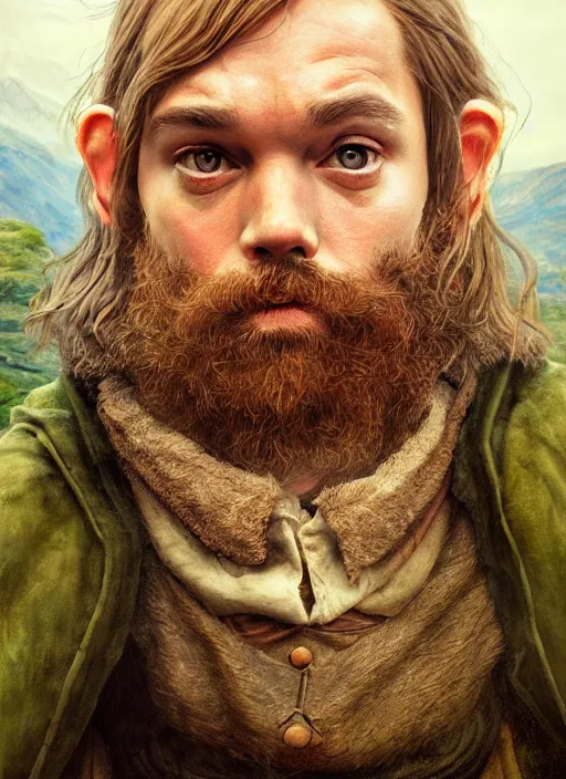 Image similar to portrait of pewdiepie as a hobbit, happy hobbit eating, by alan lee, lord of the rings, smooth, oil painting, matte painting, concept art, trending on artstation, promotional artwork, film still, elegant, photorealistic facial features, intricate, detailed face, cinematic lighting