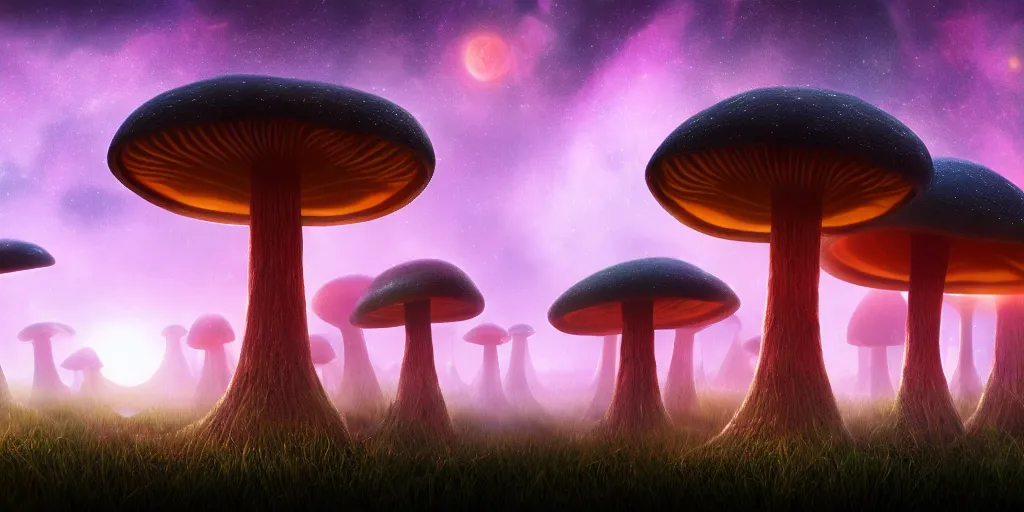 Prompt: giant glowing mushrooms towering over alien forest, at night, ray tracing, refractive, planets in the sky, award winning, trending on artstation, digital art. highly detailed 8 k. intricate. lifelike. soft light. nikon d 8 5 0.