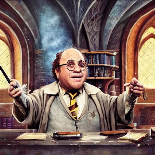 Prompt: Movie still of danny devito as as Harry Potter in potions class at hogwarts, fantasy, highly detailed, digital painting, artstation, concept art, sharp focus, illustration, art by artgerm and Anna Dittmann and Ilya Kuvshinov