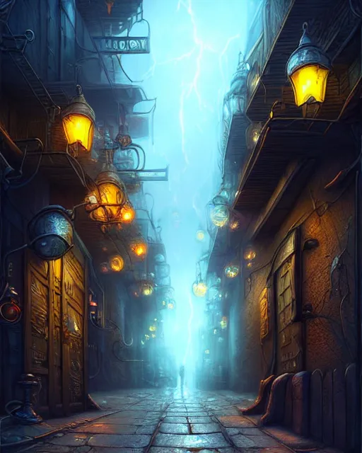 Image similar to street view of an otherworldly alley in the planescape city named sigil, crowded, beautiful digital painting in the style of wlop, volumetric lightning, intricate details, ultra realistic, by art germ, by gerard brom, steampunk, fantasypunk, deep colors, amazing d & d art, trending cgsociety, artstation, sharp