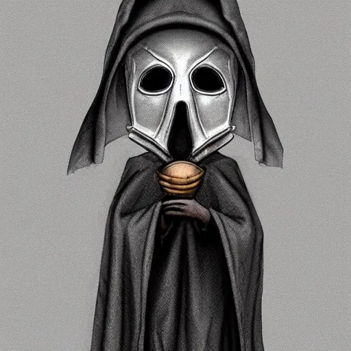 Image similar to female plague doctor donning a black hood, armor and a white crow mask, trending on artstation