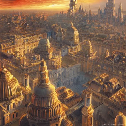 Image similar to magnificent baroque city floating in the sky, beautiful, surreal, highly detailed, sharp focus, sunset, by artgerm, cgsociety