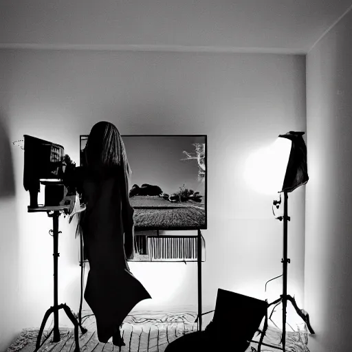 Image similar to medium format photograph of a surreal fashion shoot in the living room of a house with the tv on, camera flash