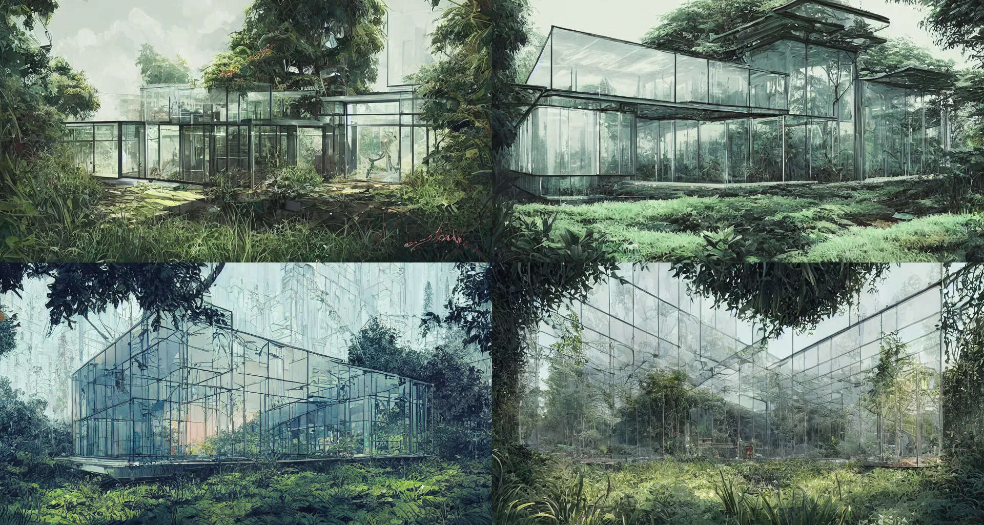 Prompt: a beautiful detailed architecture art of modern organic glass house connected with nature overgrown vegetation cinematic landscape by alena aenami, by atey ghailan, by greg tocchini, by james gilleard, by joe gb fenton, by kaethe butcher, vibrant, landscape, digital, detailed environment, clean, grunge aesthetic, artstation