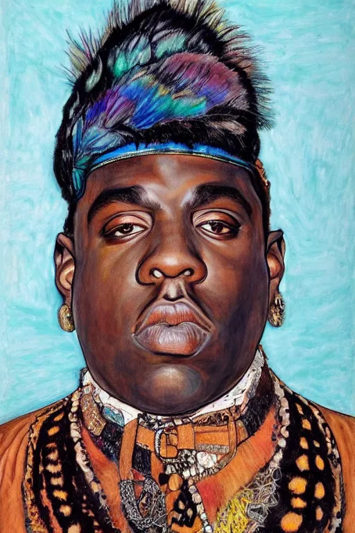Prompt: a full body!! portrait of biggie smalls wearing boho - chic style clothes, with a fur muffler and feathers, realistic painting in egon schiele style, masterpiece, hyperdetailed, complex, intricate, 4 k, hyperrealistic, trending on artstation