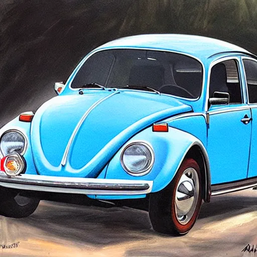 Prompt: painting of a 1970 vw beetle painted by Asher Brown Durand