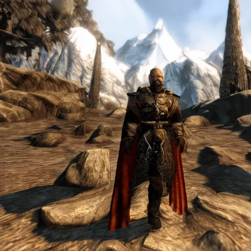 Image similar to walter white in sovngarde, skyrim, alduin, black dragon, adventuring gear, nord, viking