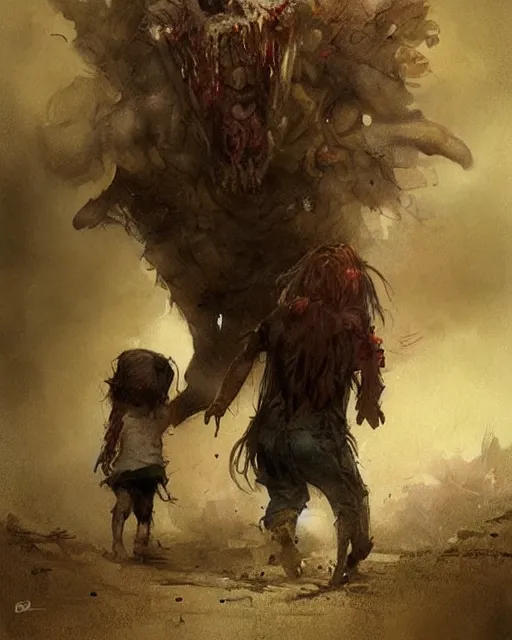 Image similar to a child zombie walking toward a scared teenager that fell on the ground by jean baptiste monge and greg rutkowski