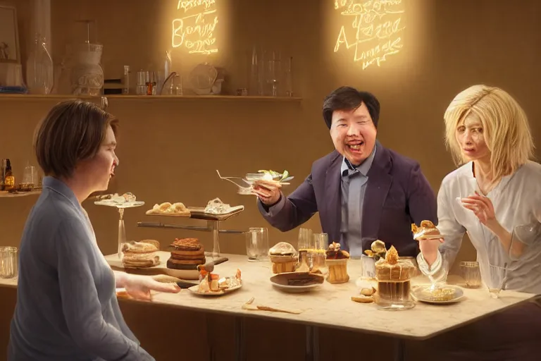 Image similar to portait of michael mcintyre and middle aged blonde woman with short hair and a blonde woman with long hair having dessert at sunday in brooklyn restaurant, anatomy, bathed in light, highly detailed, photorealistic, artstation, smooth, sharp focus, illustration, unreal engine 5, 8 k, art by artgerm and greg rutkowski and edgar maxence