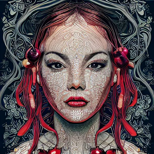 Image similar to the portrait of an incredibly beautiful woman made of onions and cherries, an ultrafine detailed illustration by james jean, final fantasy, intricate linework, bright colors, behance contest winner, vanitas, angular, altermodern, unreal engine 5 highly rendered, global illumination, radiant light, detailed and intricate environment