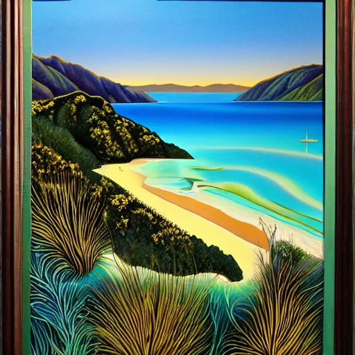 Image similar to golden bay abel tasman new zealand, highly detailed, highly detailed fantasy ethereal surrealist art