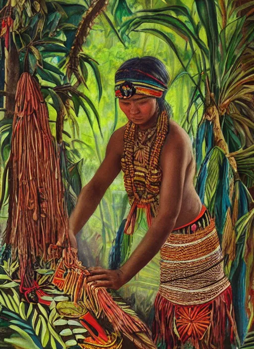 Prompt: a beautiful painting of an indigenous female crafting a beautiful fabric in the jungle, realistic, ayahuasca