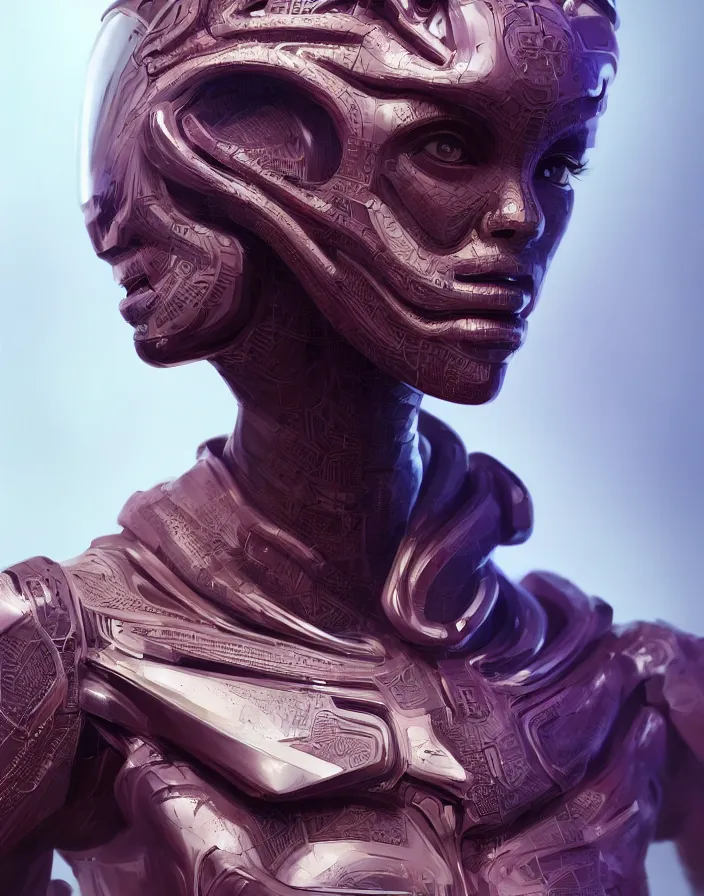 Image similar to beautiful portrait of friendly attractive alien cyborg, style of Feng Zhu, Artstation geometric, aesthetic, smooth skin, unique features, symmetrical, intricate crown, high fashion, streetwear, cyberpunk, detailed, octane render, cinematic, 8k, purple skin, brown skin