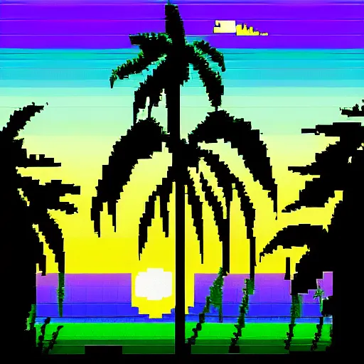 Prompt: pixel art of a beautiful vaporwave sunset with palm shadows, dos game, retro pixel game, 1 9 9 0 s, screenshot from a 9 0 s retro pixel art dos game