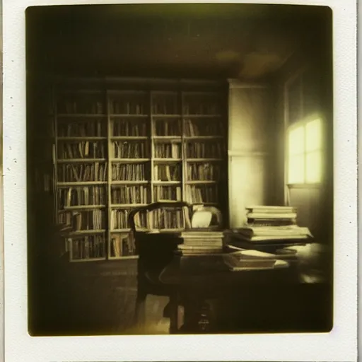 Image similar to 1880, inside a writer room, many books, piles of books, beautiful light, long shadows, 50 mm lens, polaroid photo, yellowed, crackles, scratches, dust, stains