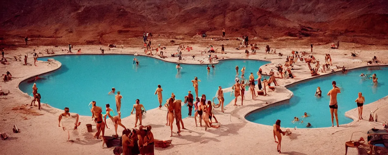 Image similar to people at a natural hot springs of with spaghetti, desert, sunset, kodachrome, in the style of wes anderson