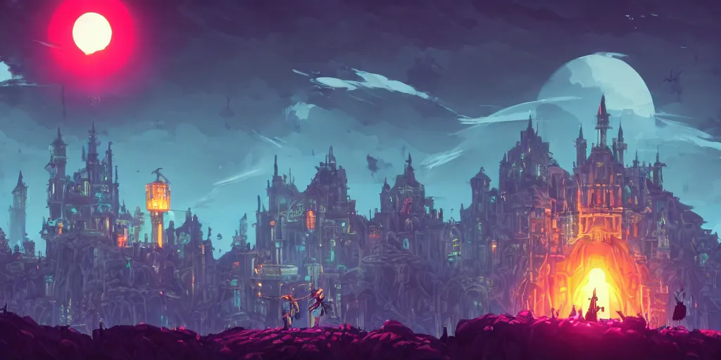 Image similar to Castlevania SOTN, hollow knight, dead cells, metroid, Portraiting a platform magical castle, side scrolling, , Very Cloudy Sky, Sun, Neon Lights, Subject in Middle, Rule of Thirds, 4K, Retrofuturism, Studio Ghibli, Simon Stålenhag