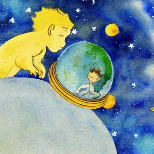 Prompt: the little prince on a little crystal planet floating in space, watercolors by antoine de saint exupery