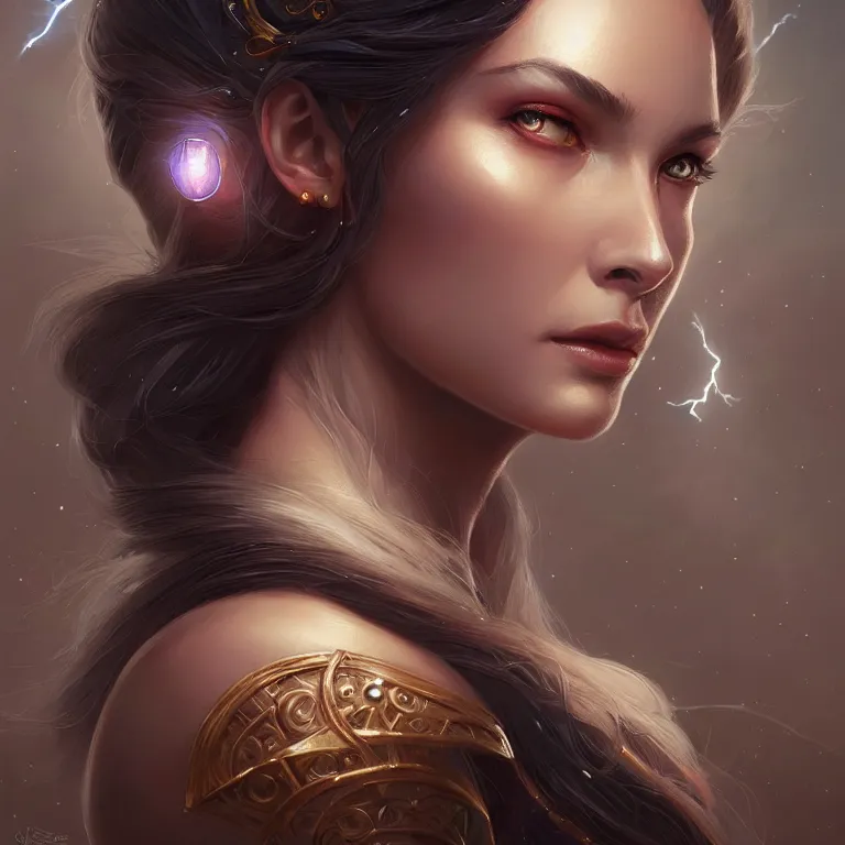 Image similar to portrait of a goddess of elemental lightning, half body, perfect face, d & d, fantasy, intricate, elegant, highly detailed, digital painting, artstation, concept art, smooth, sharp focus, illustration, art by artgerm and greg rutkowski and alphonse