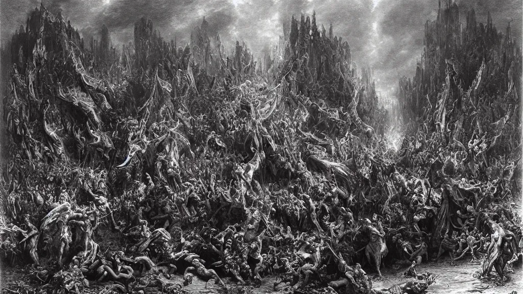 Image similar to satans fall from paradise into hell by gustave dore, james ryman, wayne barlowe. deep rich color