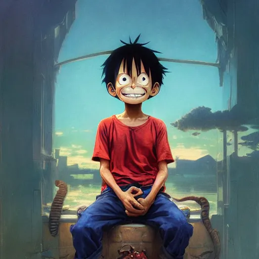 Prompt: highly detailed vfx portrait of monkey d. luffy, stephen bliss, greg rutkowski, loish, rhads, beeple, makoto shinkai, tom bagshaw, alphonse mucha, global illumination, sharp focus, art by artgerm and greg rutkowski, stanley kubrick, best of behance, cinematic lighting, frowning, mouth closed,